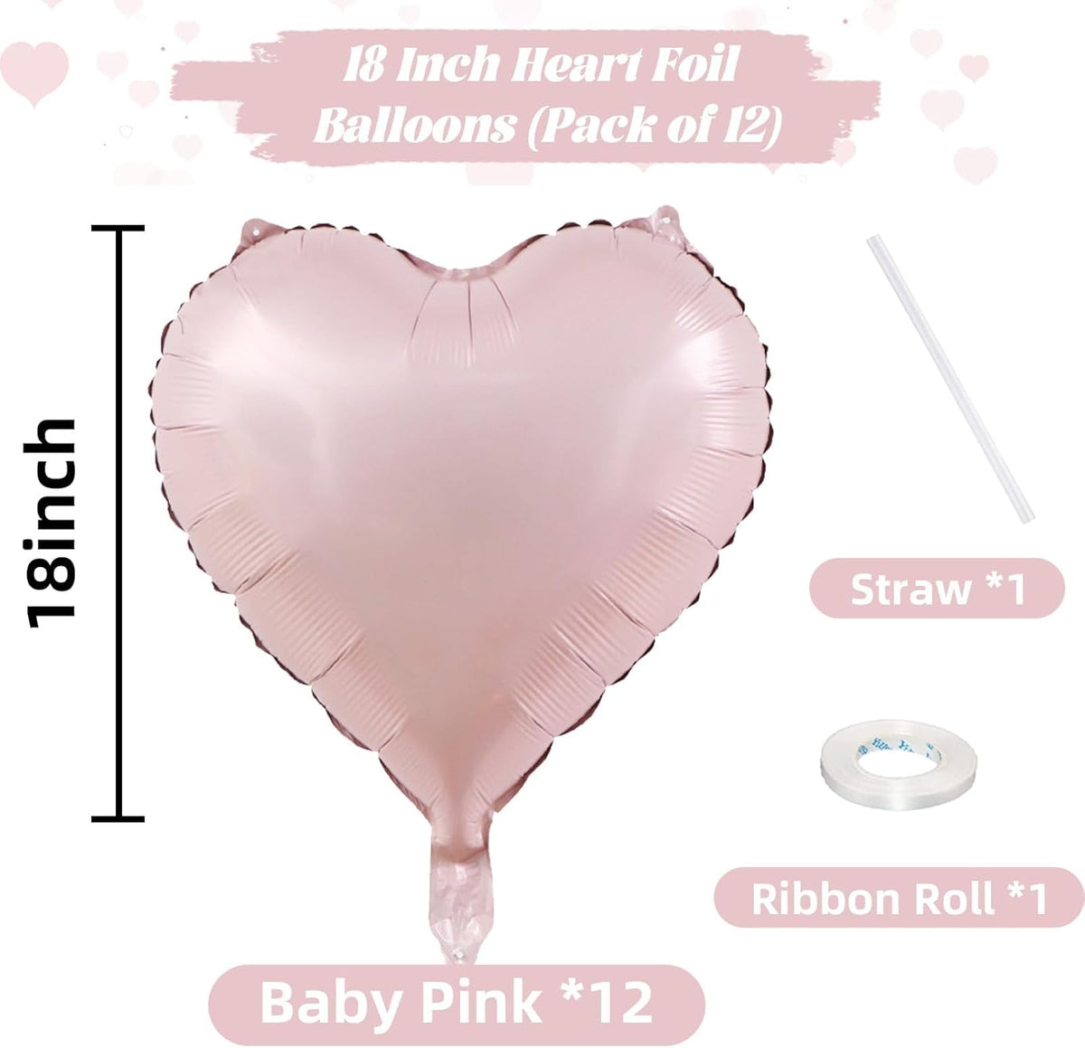 Baby Pink Heart Balloons, 18 Inch, 12Pcs Large Pearl Mylar, Pastel Helium Foil for Boho Girls Women