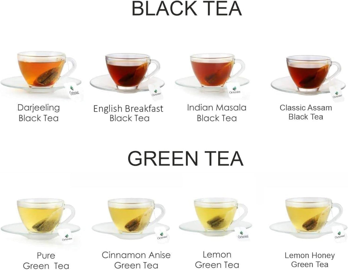 Octavius Tea Gift Set - Assorted Black & Green Tea Bags in Wooden Box | 6 Flavors, 90 Count |