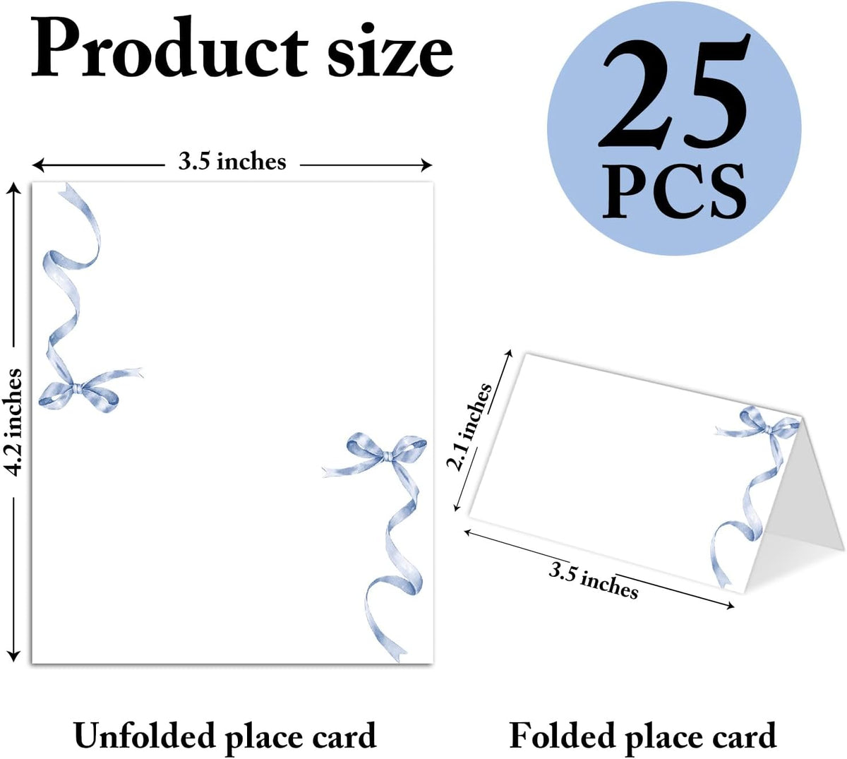 25 Pack Blue Bow Place Cards, Editable Name Cards for Table Setting, Tent Cards Food Label for