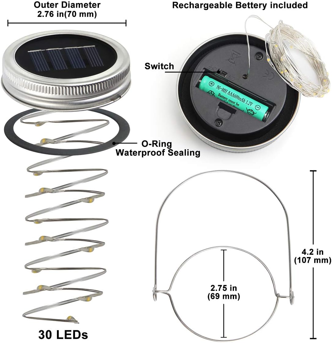 Urvoix Solar Mason Jar Lights - 12 Pack 30 Led Waterproof Jar Lids String Lights with 12 Handle