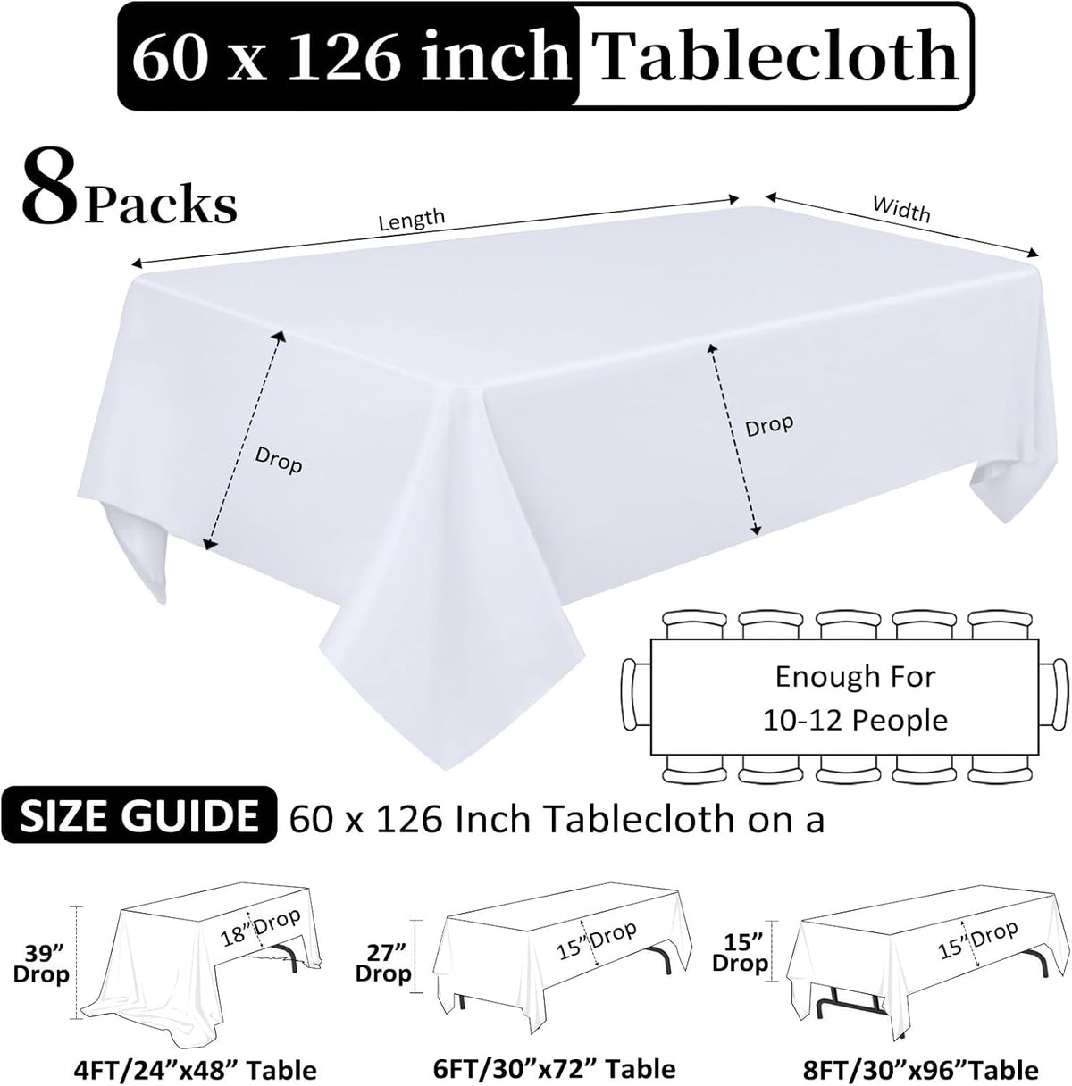 8 Pack White Table Cloth 60 x 126 Inch Rectangular Tablecloths for 8 Foot Rectangle Tables, Wrinkle