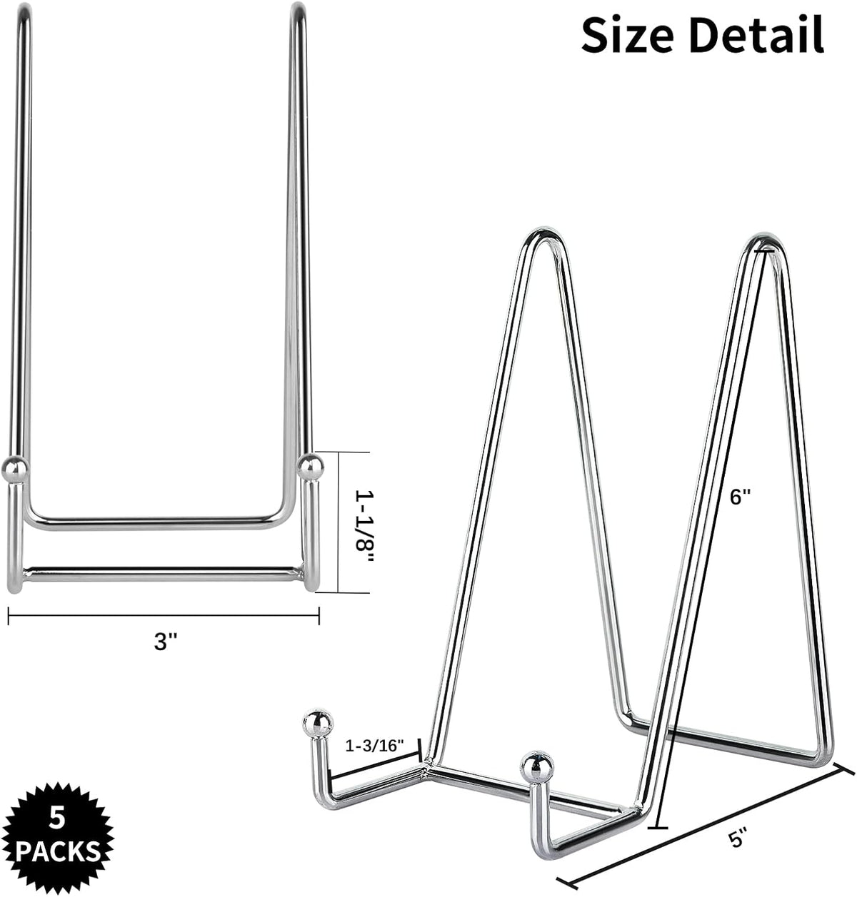 IBosins 5 Pack 6 Inch Plate Holder Display Stands, Metal Silver Frame Stand for Picture, Book