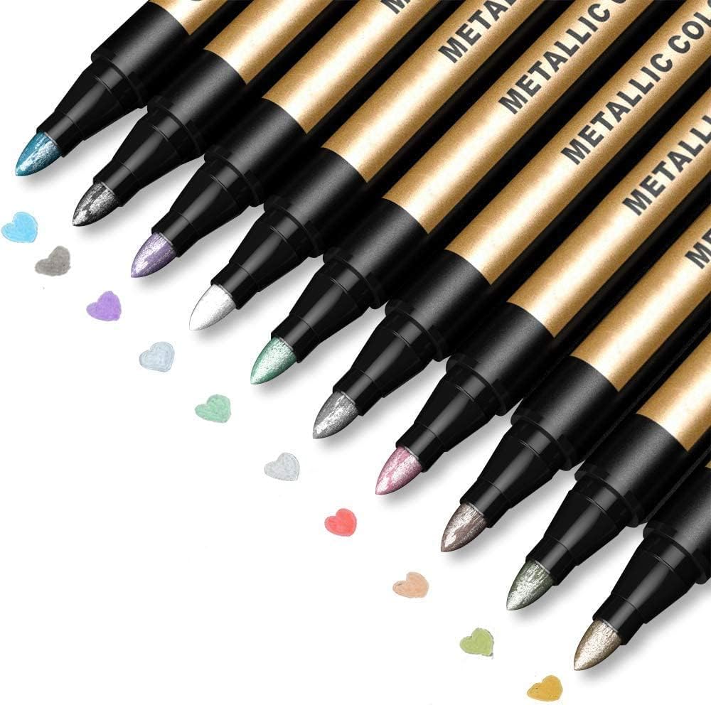 JR.WHITE Metallic Paint Markers, 10 Colors for Rock Painting, Black Paper, Scrapbook, Photo Album