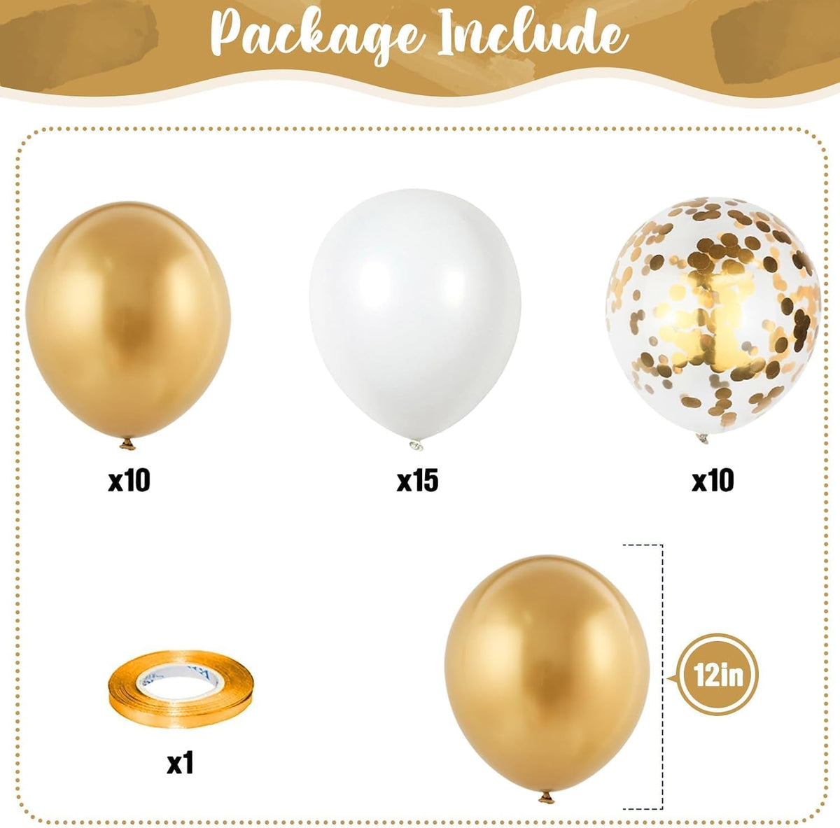 Metallic Gold Balloons Set, Pack of 35 12 Inch White Gold Confetti Latex Balloon, Gold and White