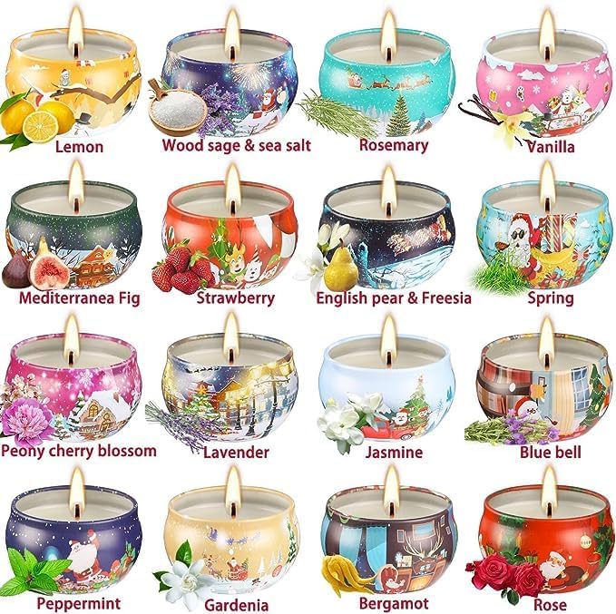 16 Pack Christmas Scented Candles Gift Set 2.5oz Strong Fragrance jar Candles Natural Soy Wax