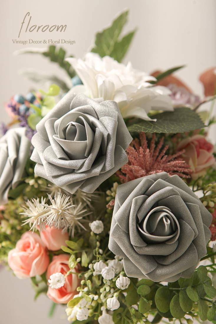 Floroom Artificial Flowers 25pcs Real Looking Shimmer Silver Grey Foam Fake Roses with Stems for