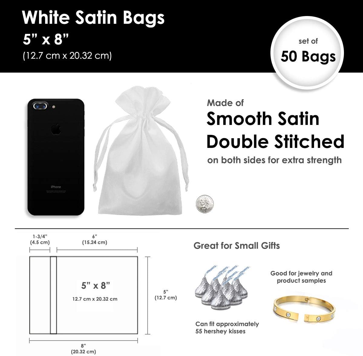 5" x 8" White Satin Gift Bags, Jewelry Bags, Wedding Favor Drawstring Baby Shower Christmas 50 per