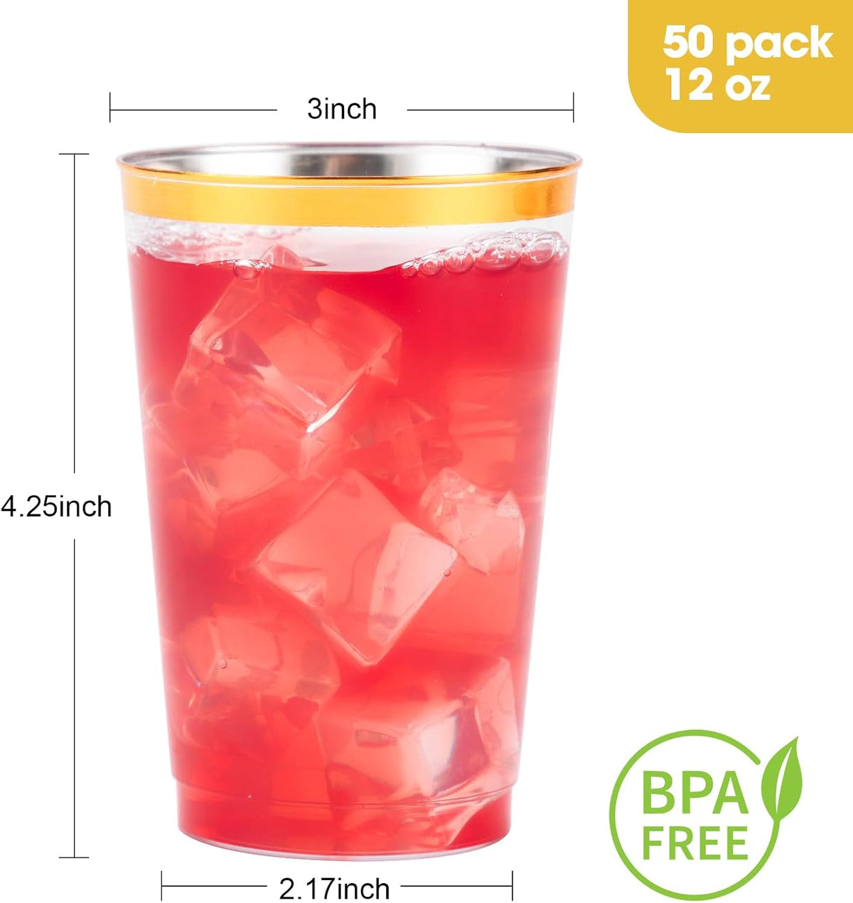 Goodluck 50PCS 12oz Gold Plastic Cups for Party, Disposable Gold Rim Cups, Plastic Cocktail Glasses