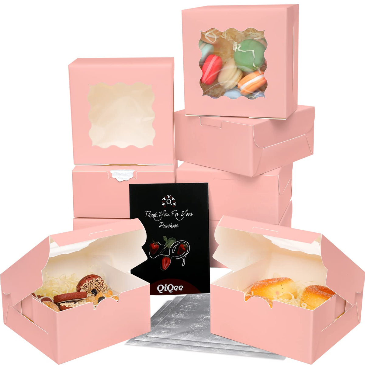 Bakepacker Pink Bakery Boxes with Window 6x6x3 inches Thick & Sturdy Macaroon Pastry Boxes Cookie