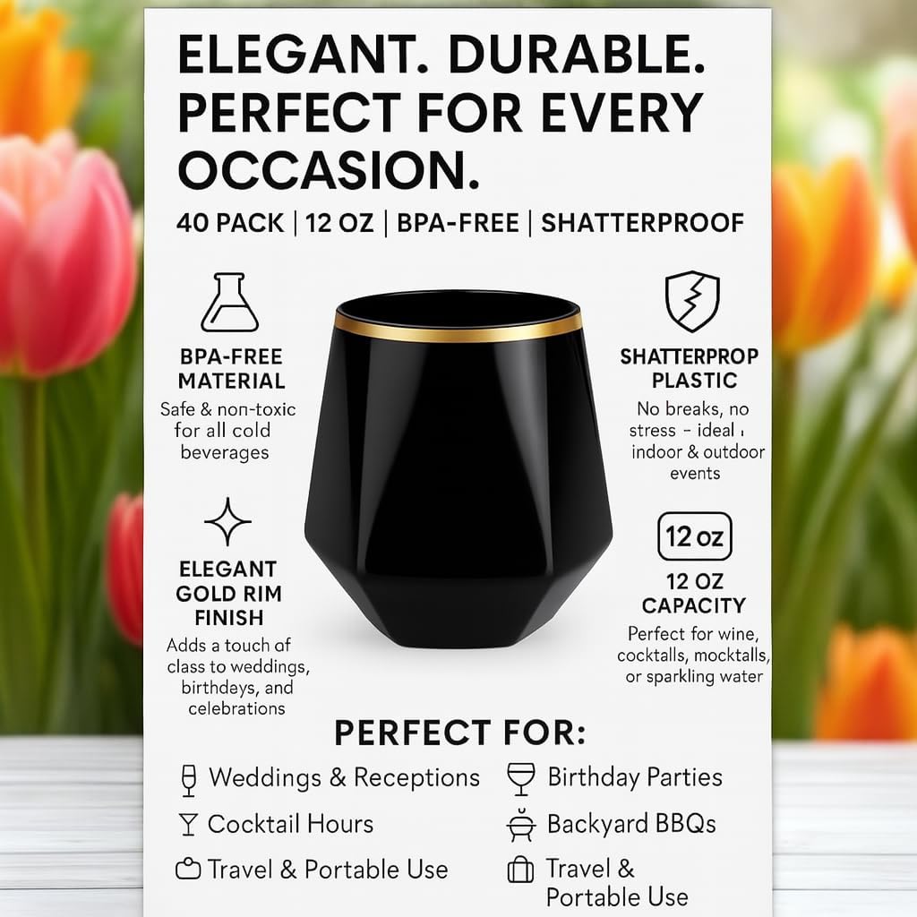 40 count Diamond Unbreakable Stemless Plastic Wine Champagne Whiskey Glasses Elegant Durable