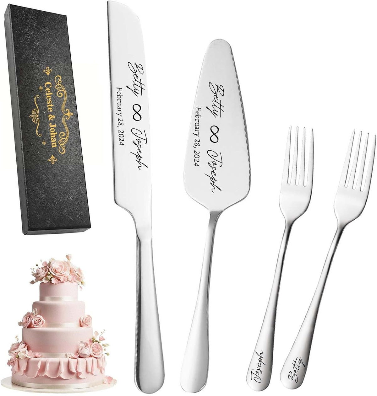Personalized Wedding Cake Knife and Server Set Stainless Steel Forks Cake Cutter Server Engraved