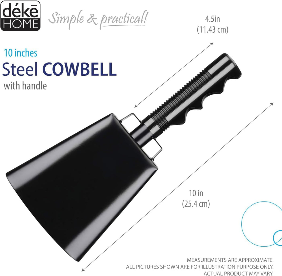 Deke Home - 2 Pack 10 Inch Steel Cowbells with Handle, Loud Noise Makers for Football, Sports