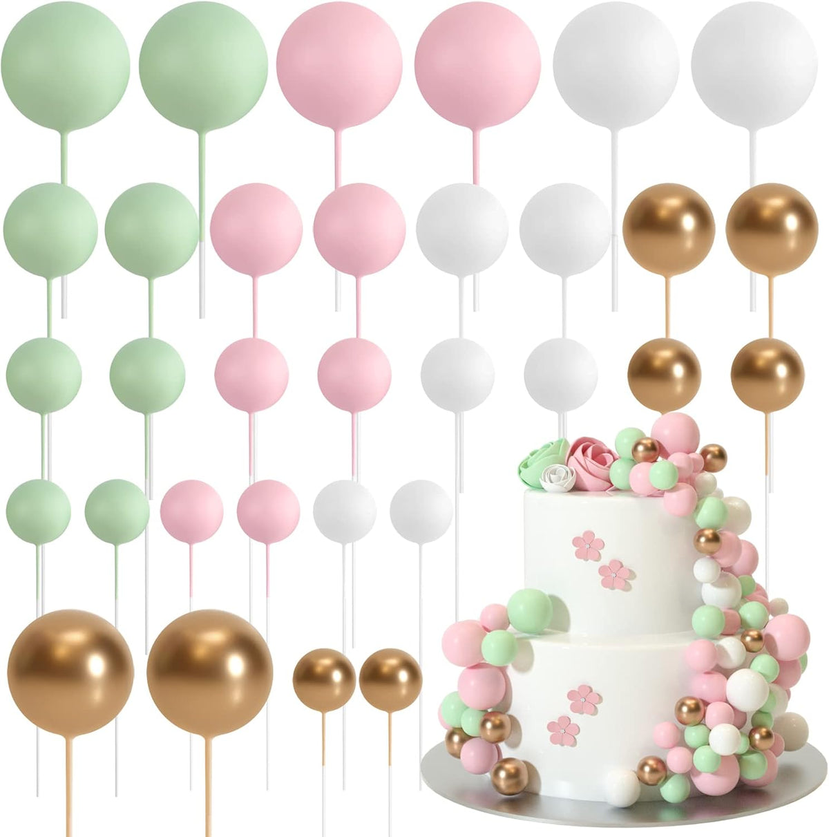ASTARON Ball Cake Topper, 32 Pcs Foam & Wire Decorations, Mini Balloons Cake Topper Sticks, 4