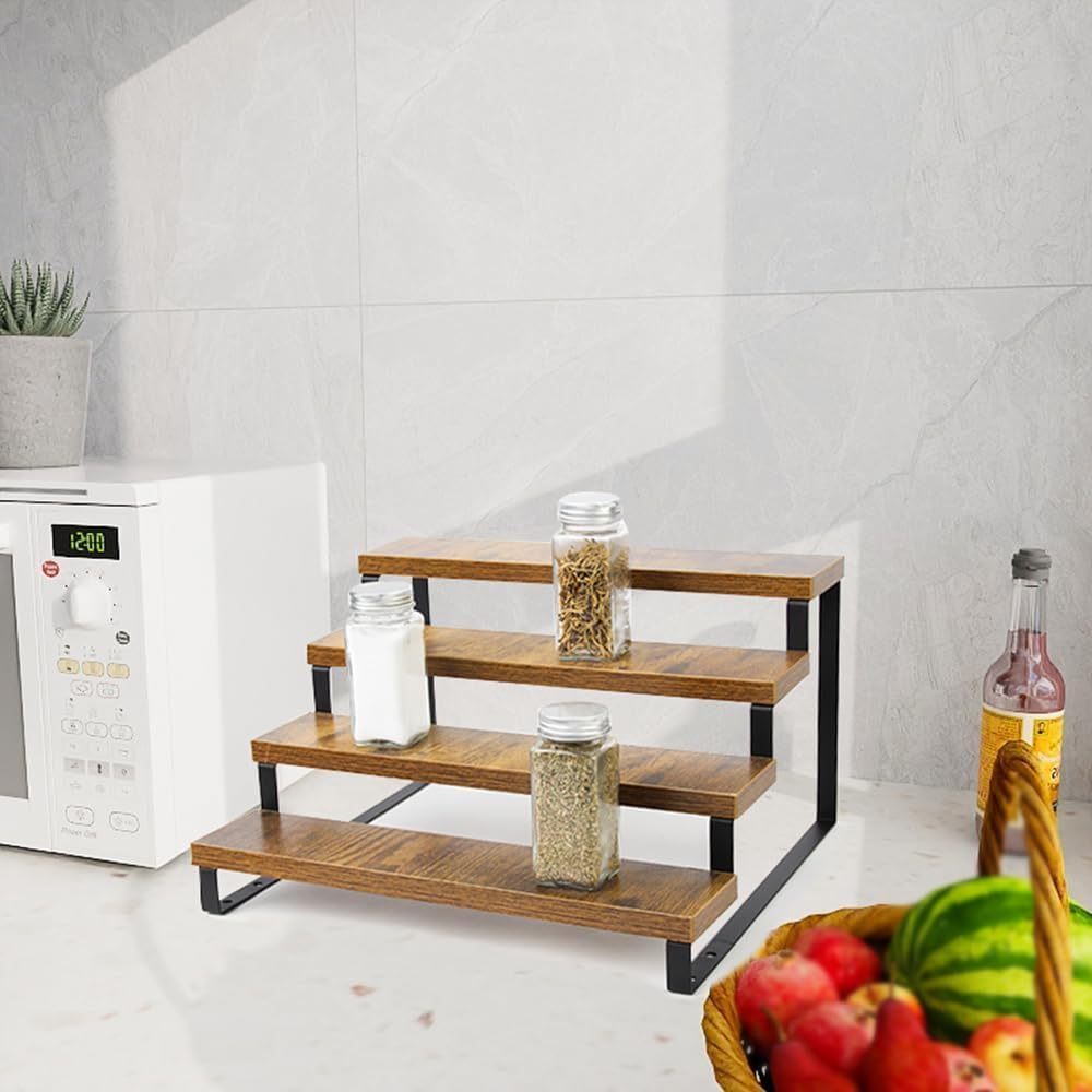 4-Tier Wooden Display Riser Shelf Stand for, Makeup, Cupcake, Condiment & Dolls Collection Home