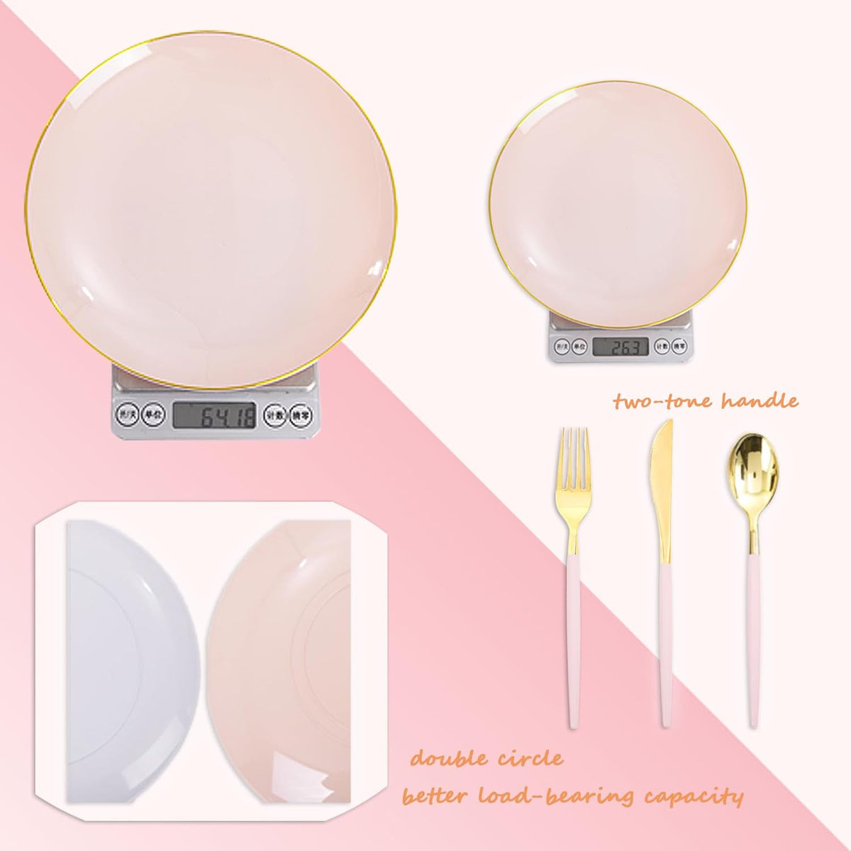 Liacere 150PCS Plastic Plates-Gold Plastic Silverware with Pink Handle - Pink Disposable Plates