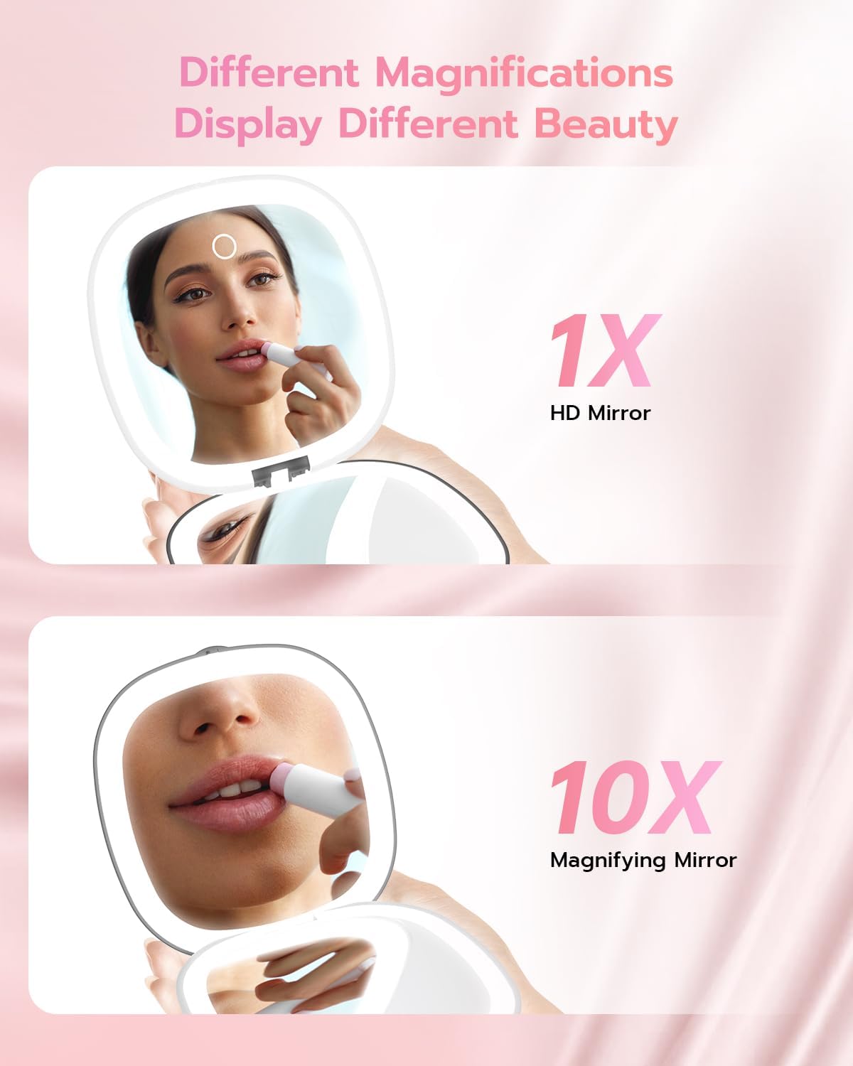 Benbilry 3.9" Rechargeable Compact Makeup Mirror with 3 Light Colors and Magnification 1X / 10X