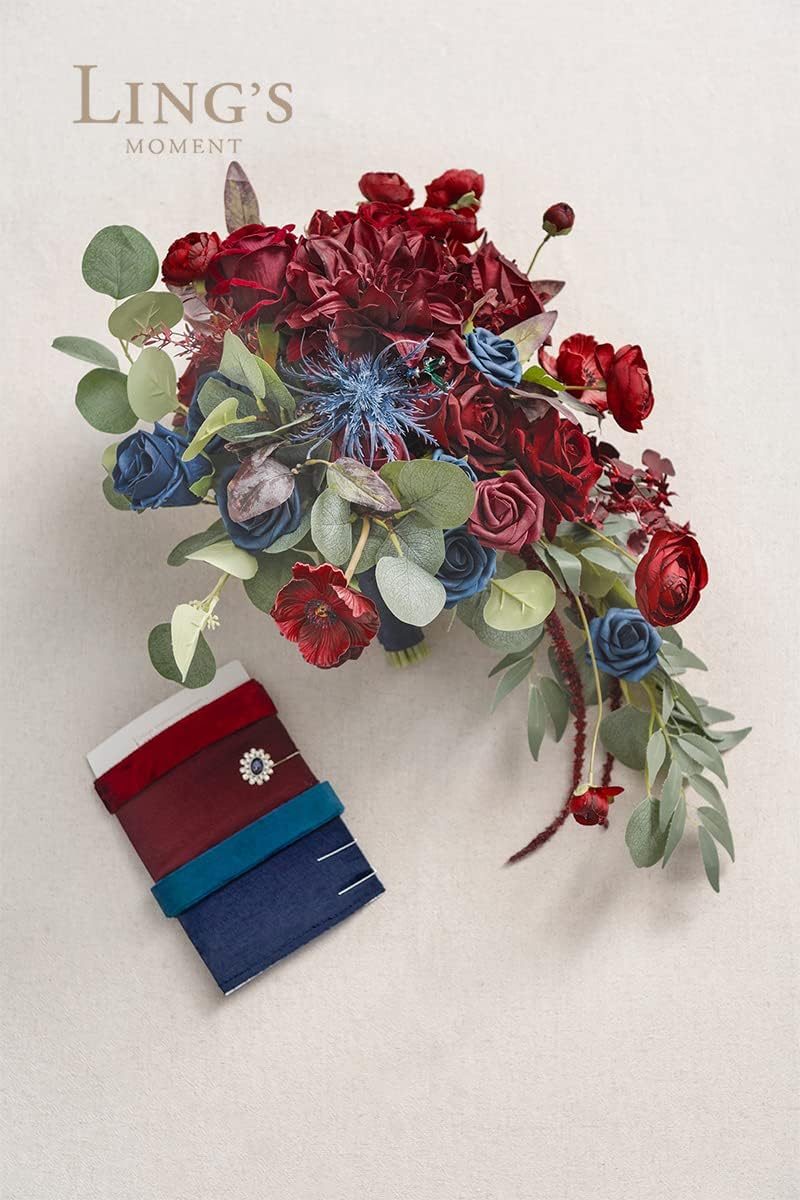Ling's moment Navy Blue Burgandy Bridal Bouquet Cascading, Jewel Tone Wedding Bouquets for Bride