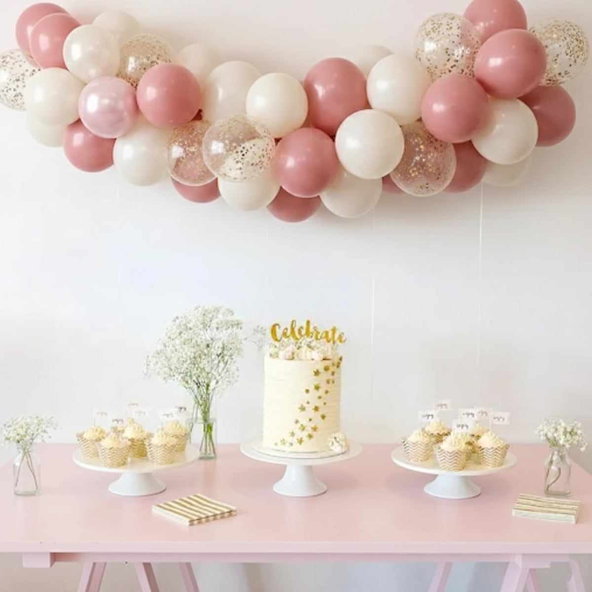 Pink and Gold Balloons, 50Pcs 12 Inch Retro Blush Pink Cream White Double Stuffed-pink Metallic