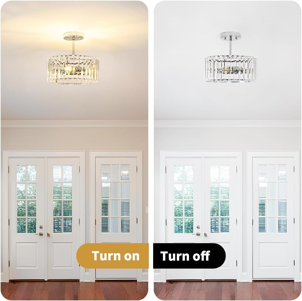 Modern Crystal Ceiling Light, Chrome Semi Flush Mount Ceiling Lighting Fixture, Hallway Light