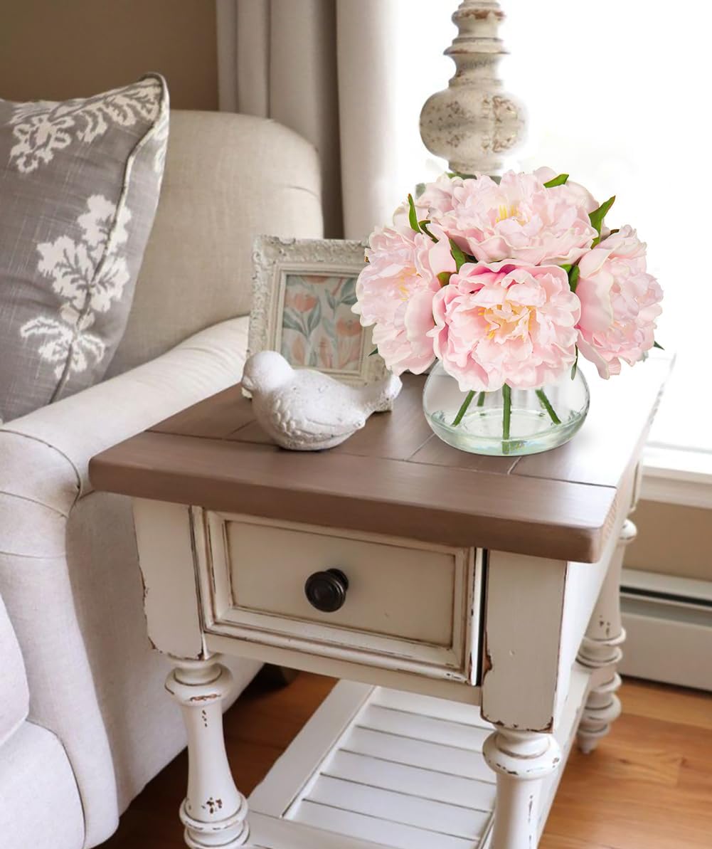 Hollyone Pink Peonies Artificial Flowers with Vase Faux Flowers Peony Fake Flowers Silk Flower