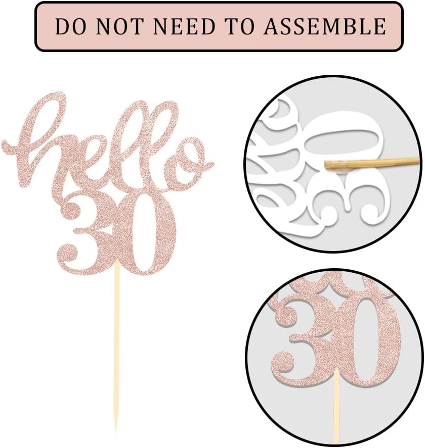 24 Pcs Rose Gold Glitter 30th Birthday Cupcake Toppers for 30th Anniversary Birthday Party Wedding