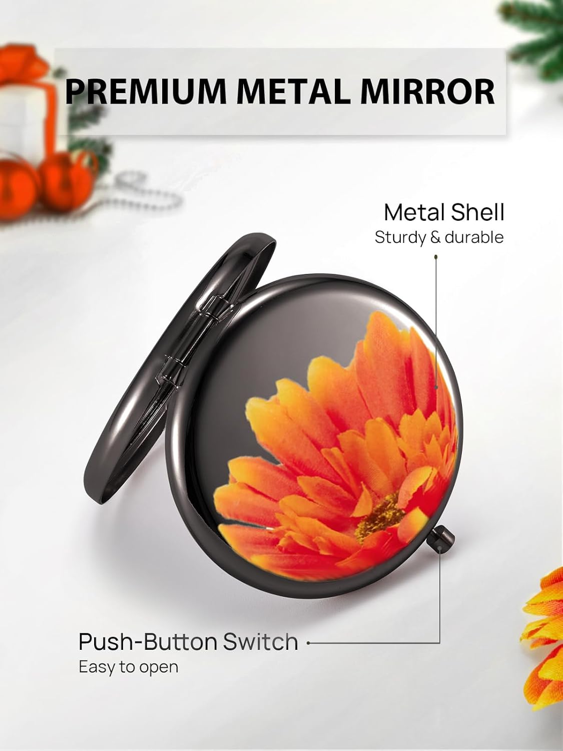 Compact Mirror for Purse, Double-Sided 1X/2X Magnifying Metal Pocket Makeup Mirrors(Round, Onyx
