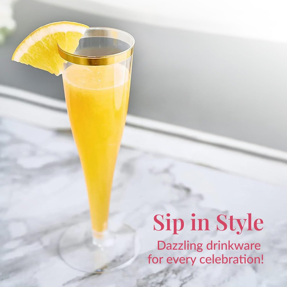Prestee 48 Disposable Plastic Champagne Flutes with Gold Rim Glitter - Clear Toasting Glasses for