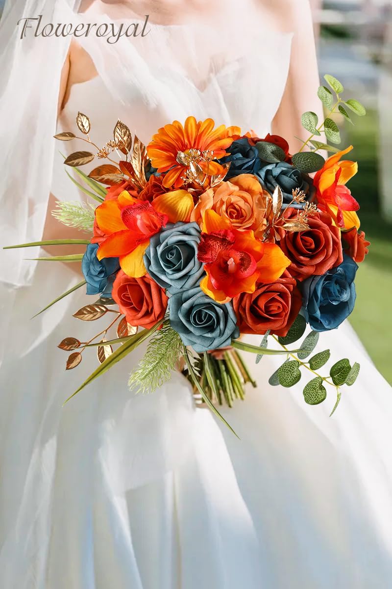 Floweroyal Artificial Flowers Combo Orange Flowers Mix Silk Flowers Fake Roses with Stems for DIY