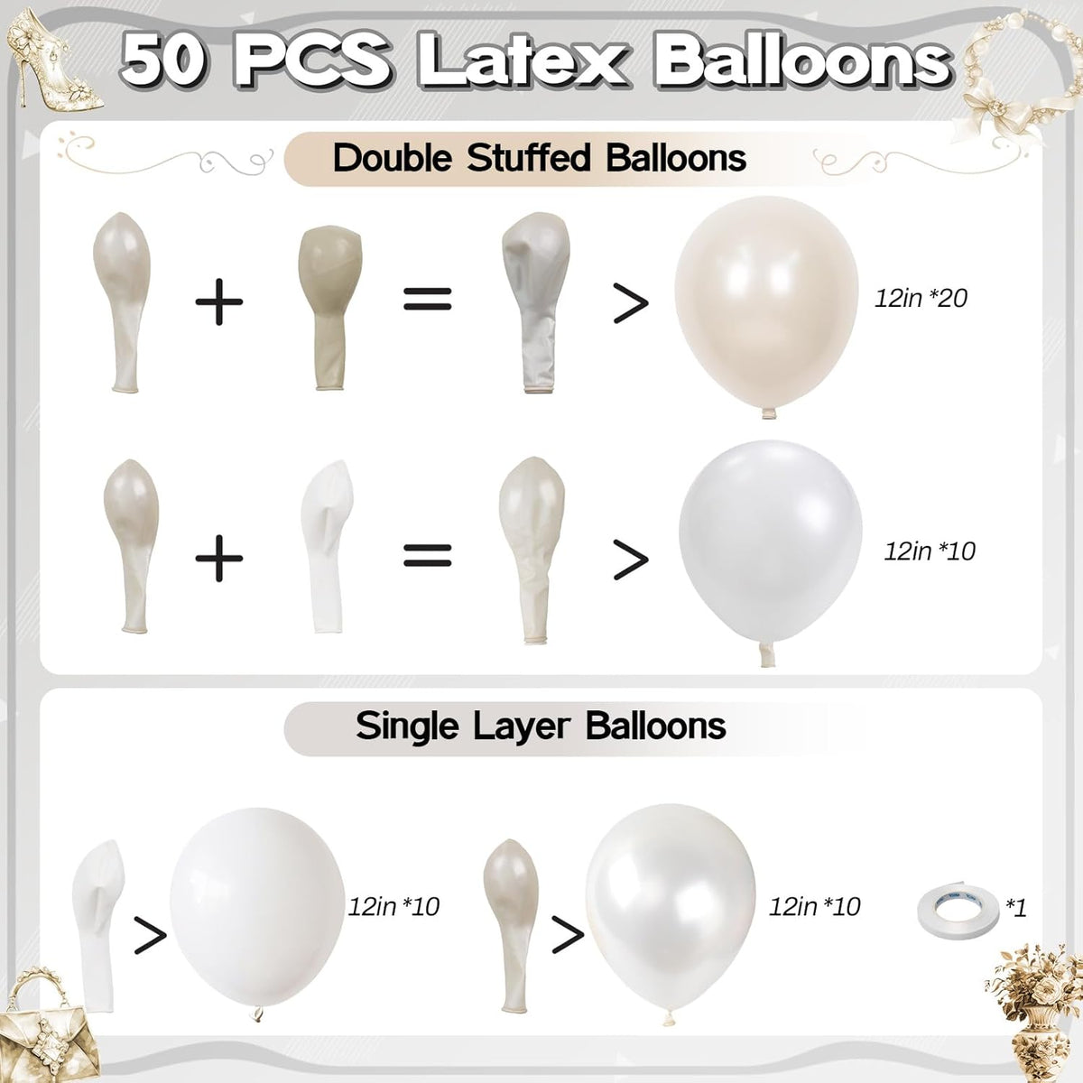 Pearl White Balloons, 50 PCS 12 Inch Double Stuffed Pearl Sand White Balloons with Thick Ivory