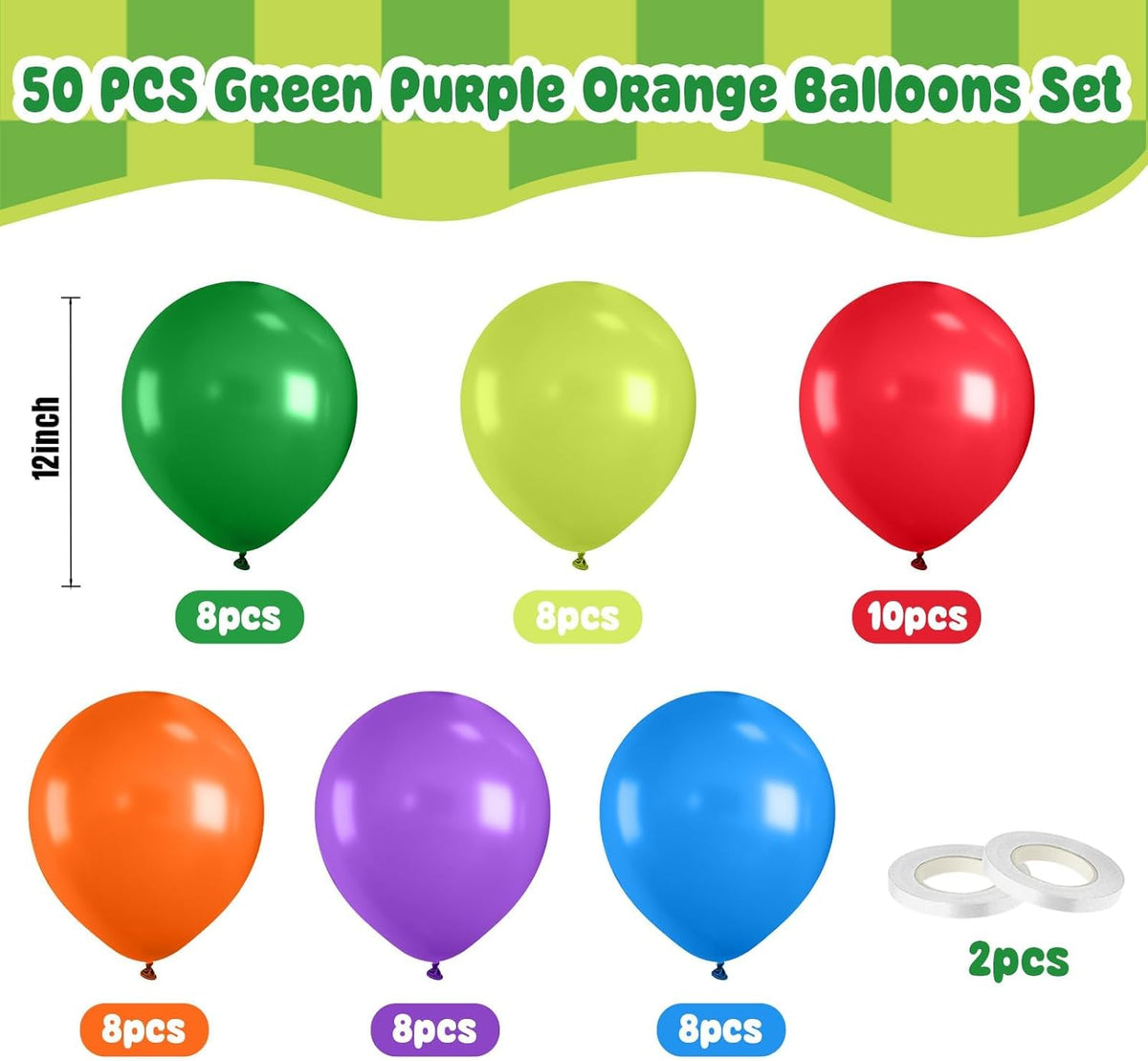 Paready Green Purple Balloons Set, 50 Pcs Colorful Balloon, 12 Inch Red Orange Blue Latex Party