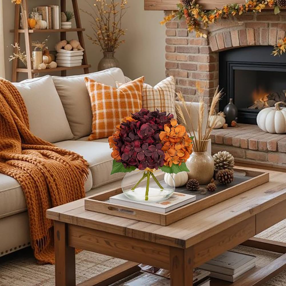 Hollyone Fall Hydrangea Artificial Flowers for Decoration with Glass Vase Dark Red Orange Autumn