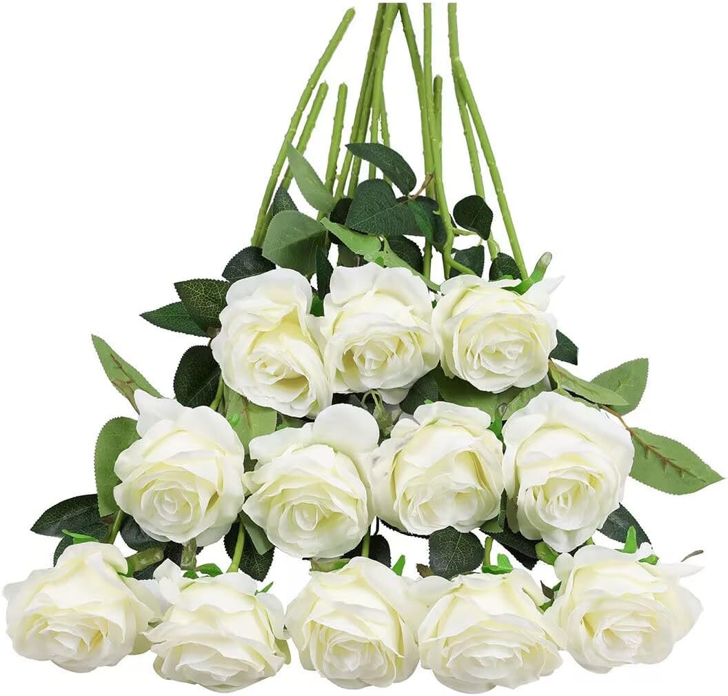 Tifuly White Roses Artificial Flowers -12 pcs Realistic Single Long Stem Fake Silk Roses Bouquet