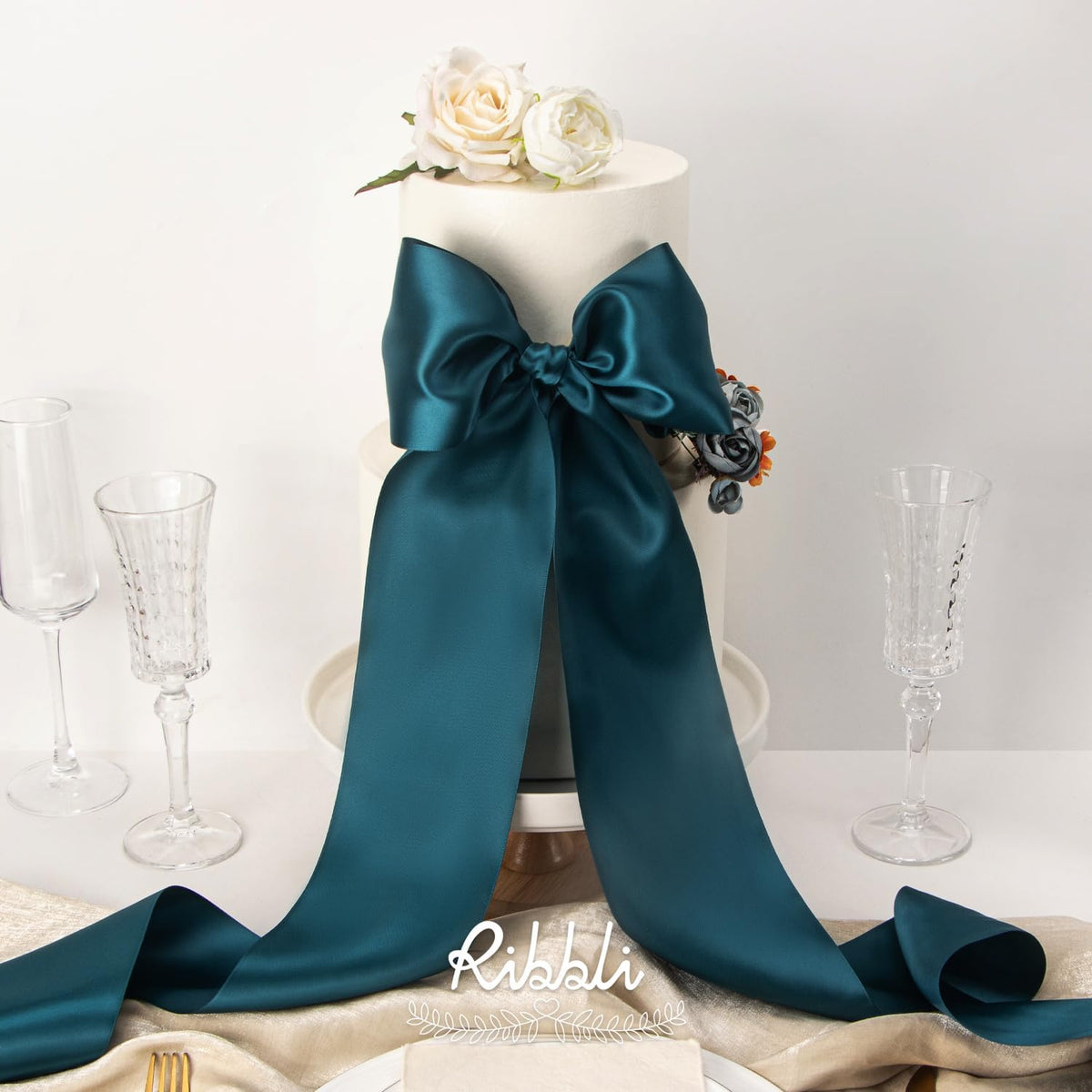Ribbli Teal Satin Ribbon 4 Inch Wide Teal Ribbon for Wedding Chair Sash Grand Opening Ceremony Big