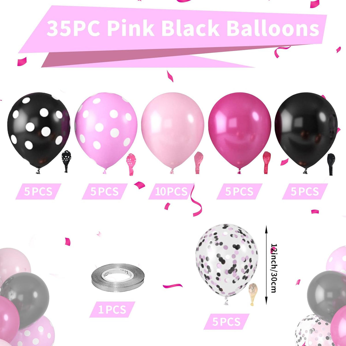 Pink and Black Balloons, Hot Pink Balloons White Dots Black White Dots Balloon with Confetti