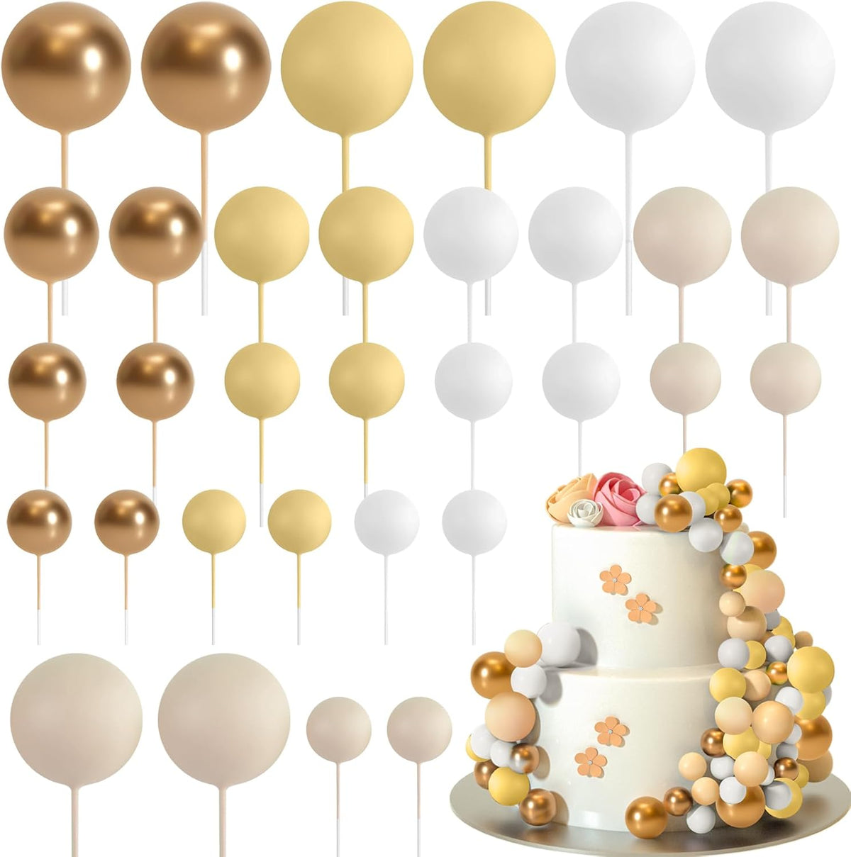 ASTARON 32 Pcs Ball Cake Topper Decorations Mini Balloons Cake Topper Sticks Foam Balls Cake Picks