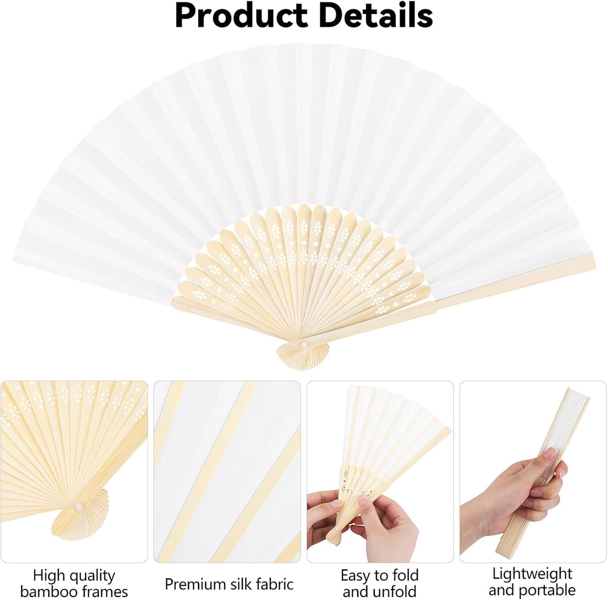 MCEAST 50 Pieces Silk Folding Fan with Bamboo Frames, Handheld Fan Folding Hand Fan Foldable Fan