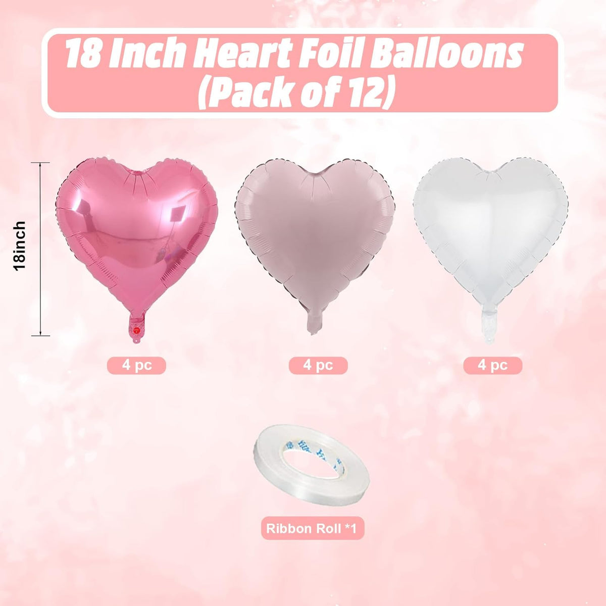 Pink White Heart Balloons, 18 Inch Baby Pink and White Heart Shape Balloon, 12PCS Helium Love Foil