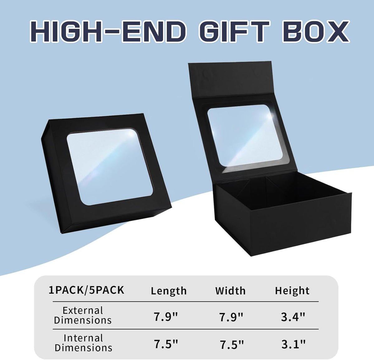 Black Gift Box with Window,7.5"x7.5"x3.1" Bridesmaid Boxe for Gift Giving,Birthday Gifts Boxes with