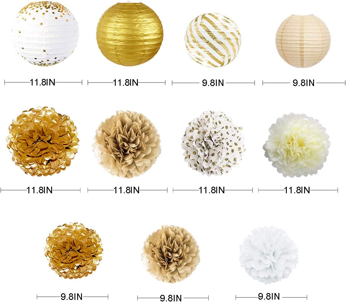 White and Gold Party Decoration Kit Lanterns Flowers Pom Pom with Gold 3D Butterfly Stickers and