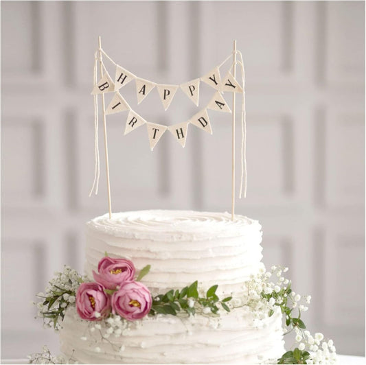 Happy Birthday Cake Bunting Topper Cake Topper Garland, Handmade Pennant Flags with Wood Pole Ivory