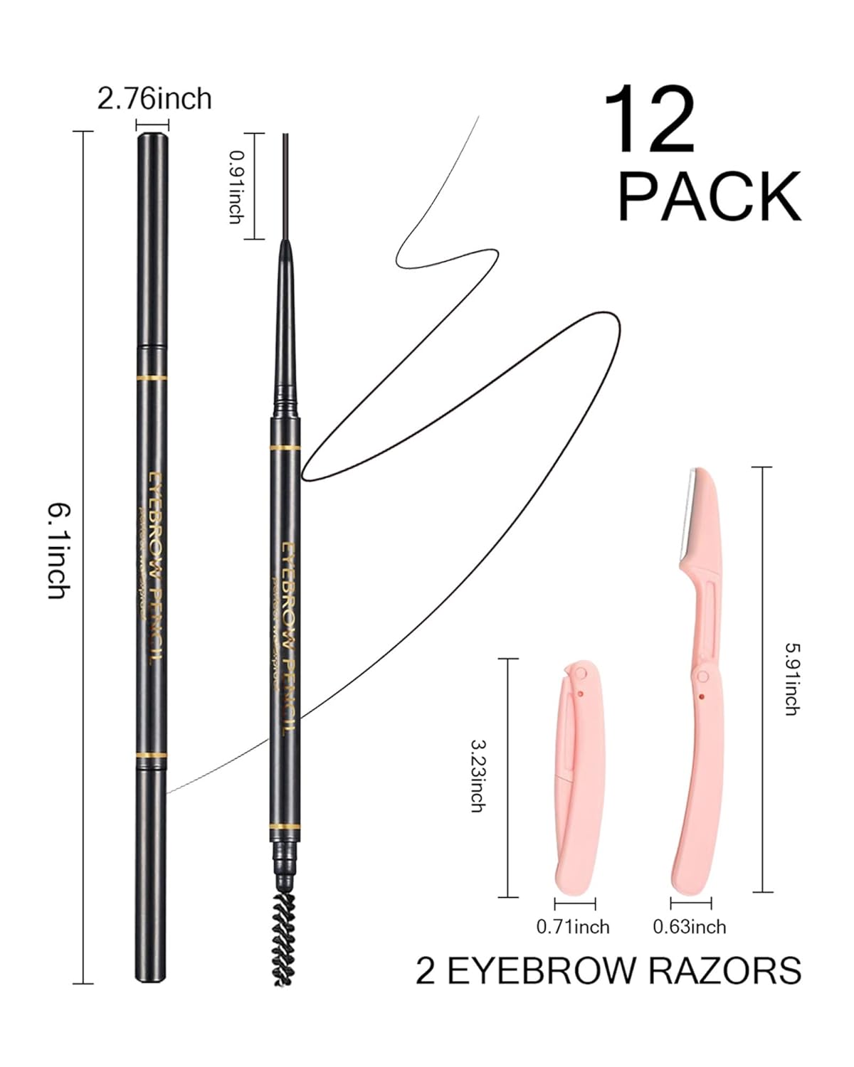 Black Eyebrow Pencils for Women, 12Pcs Ultra Slim Eyebrow Pencil with 2 Brow Razors Kit, Double