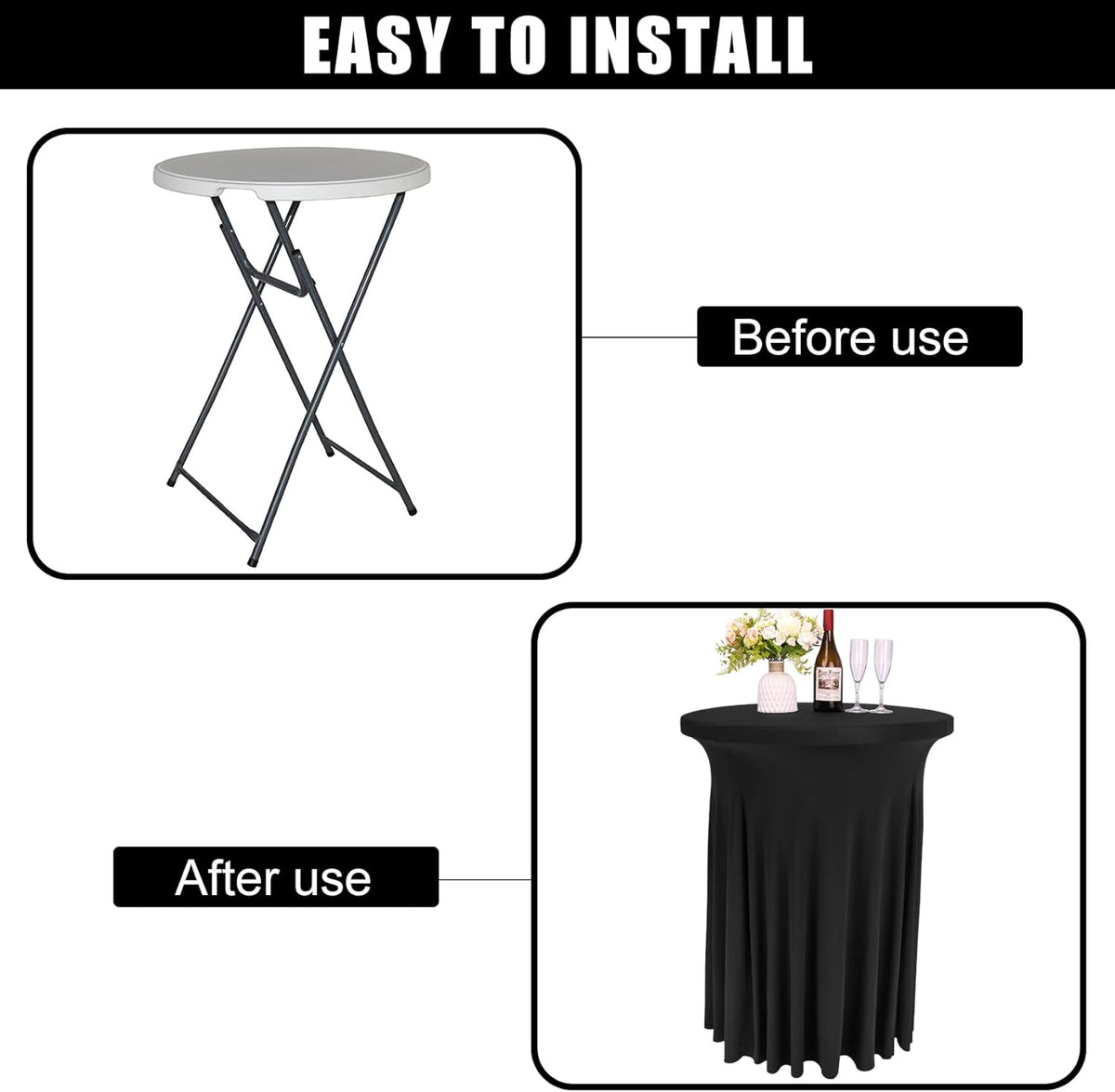 Fivenl 2 Pack Spandex Cocktail Table Skirt 32"x 43" Black Stretch Cocktail Table Cover, Washable
