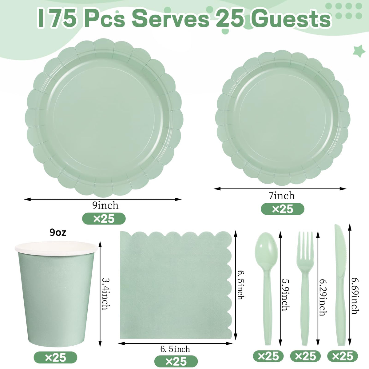 Xiangqu Party Plates and Cups and Napkins, 25 Set Sage Green Dinnerware