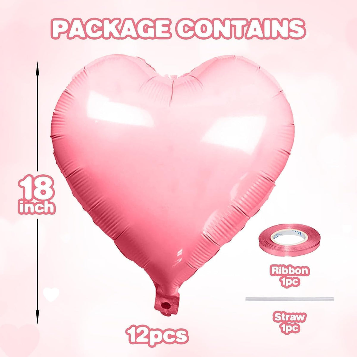 12 Pcs Heart Balloons, 18 inch Pink Heart Shaped Balloons, Big Helium Balloon,Love Foil Balloon for