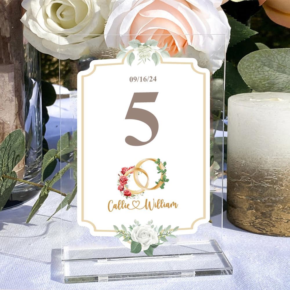 callie Personalized Wedding Table Numbers with Couple’s Name & Date, Custom Acrylic Birth Flower
