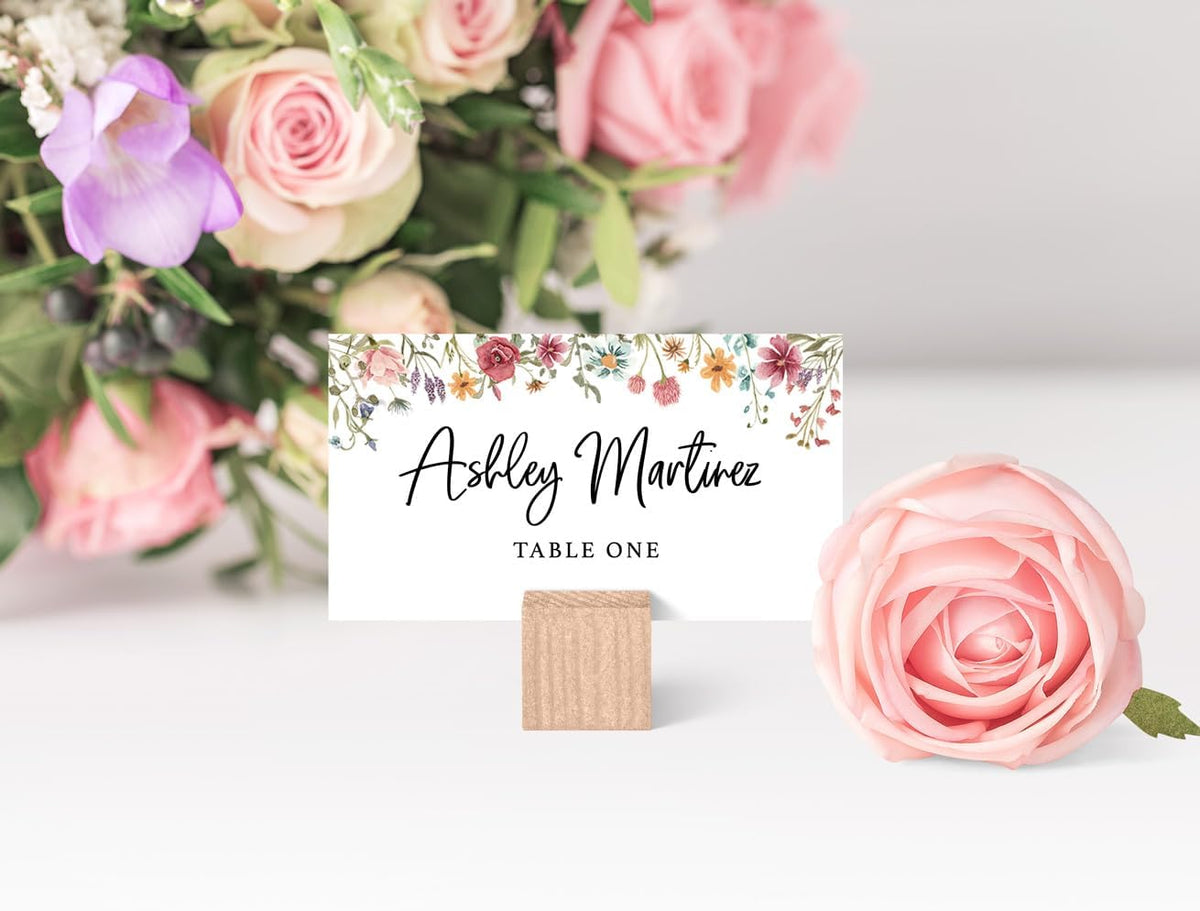 Printed Party Place Cards for Table Setting – Set of 25 Blank Name Cards – Wildflower Design for