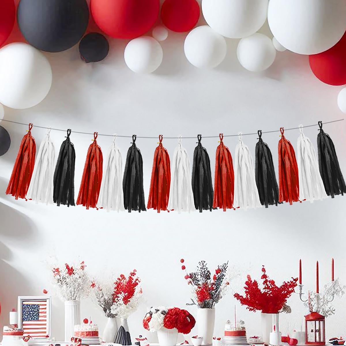 White Red Black Party Decorations - 15Pcs Tissue Paper Tassel Garland Birthday Wedding Graduation