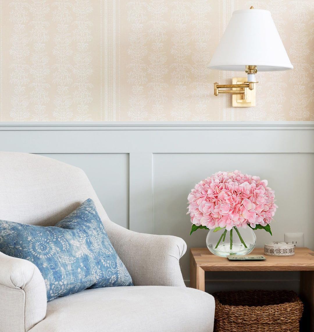 Hollyone Hydrangea Artificial Flowers with Glass Vase Pink Silk Faux Flowers Arrangements with
