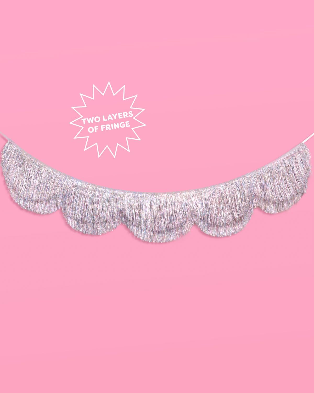 xo, Fetti Silver Iridescent Scalloped Fringe Banner - 6 Ft. | Bachelorette Party Decorations
