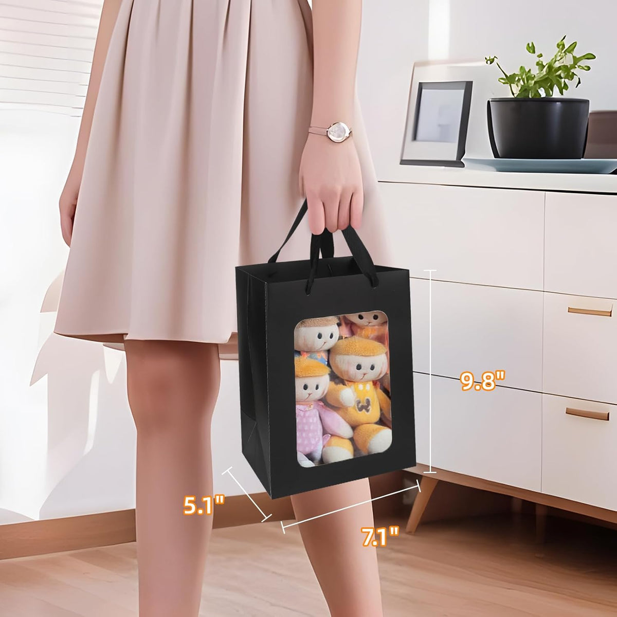 MOXARYSU 12 Pcs Black Gift Bags with Clear Window: 9.8x5.1x7.1 Inch Medium Kraft Paper Bags with
